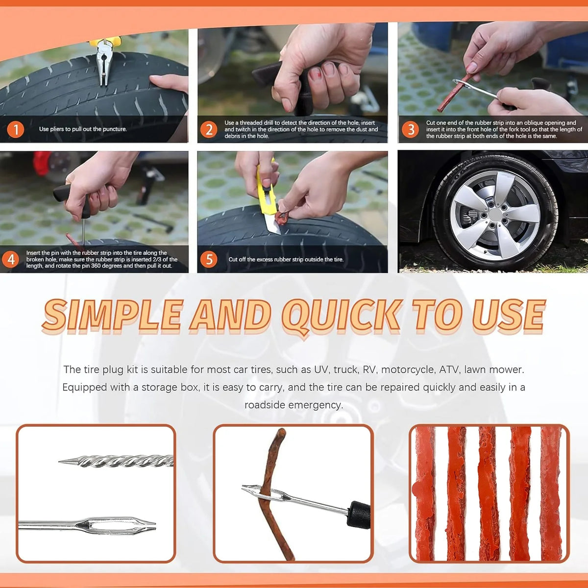34 pcs Tire Repair Kit with Plug Kit T Handle Tire Tools to Fix Punctures and Plug Flats for Truck, Motorcycle, Car, Tractor