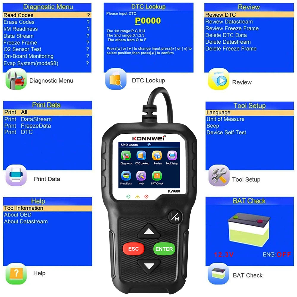 OBD2 Scanner Code Reader with 2.4 Color Screen Live Data O2 Sensor Test, Universal Auto Engine Scanner for 12V Cars