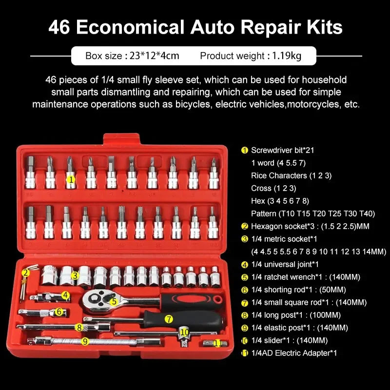 46Pcs Car Repair Tool Set, 1/4-Inch Drive Ratchet Wrench Kit, Metric Socket & Bit Set,Auto Maintenance Tools,for Car Maintenance
