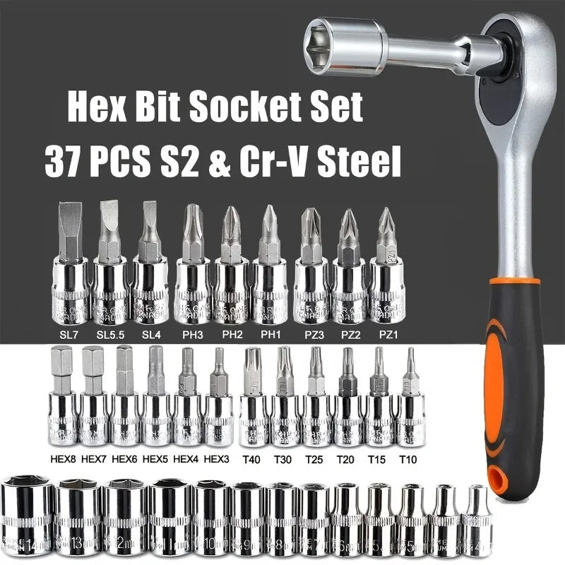 46Pcs Car Repair Tool Set, 1/4-Inch Drive Ratchet Wrench Kit, Metric Socket & Bit Set,Auto Maintenance Tools,for Car Maintenance