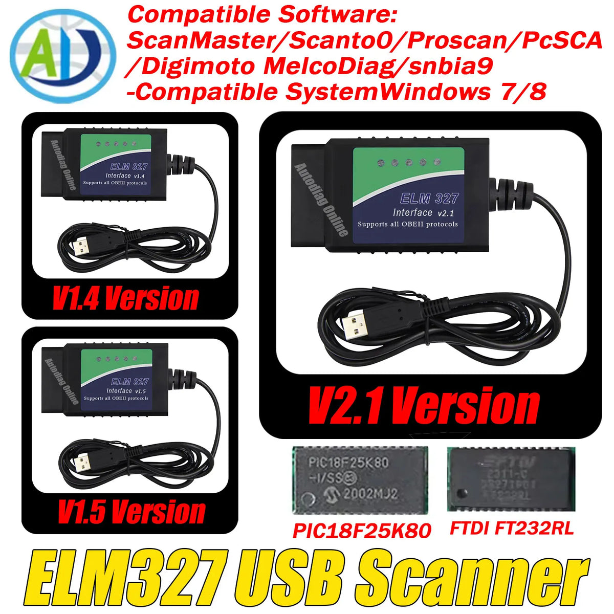 OBD2 Diagnostic Scanner Original PIC18F25K80 FTDI FT232RL OBDII Interface Scanner For ScanTool/MultiEcuScan ELM327 USB Scanner